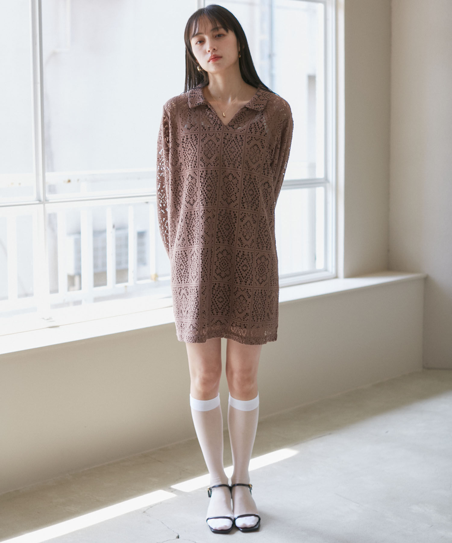 VIS「衿付きVネックレースミニワンピース」|ワンピース|