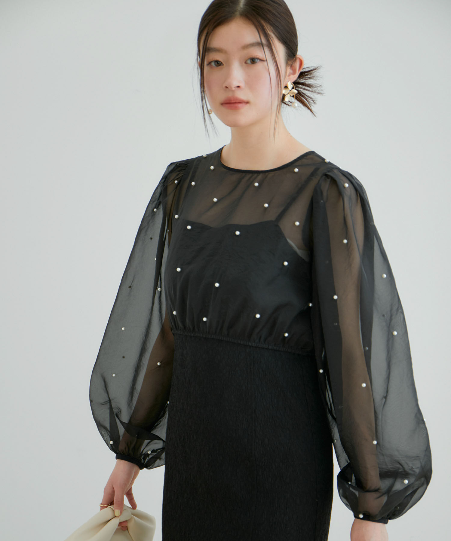 VIS「【新色追加】【VIS DRESS】チュールパールブラウス＆ジャガードワンピースセット」|ドレス|