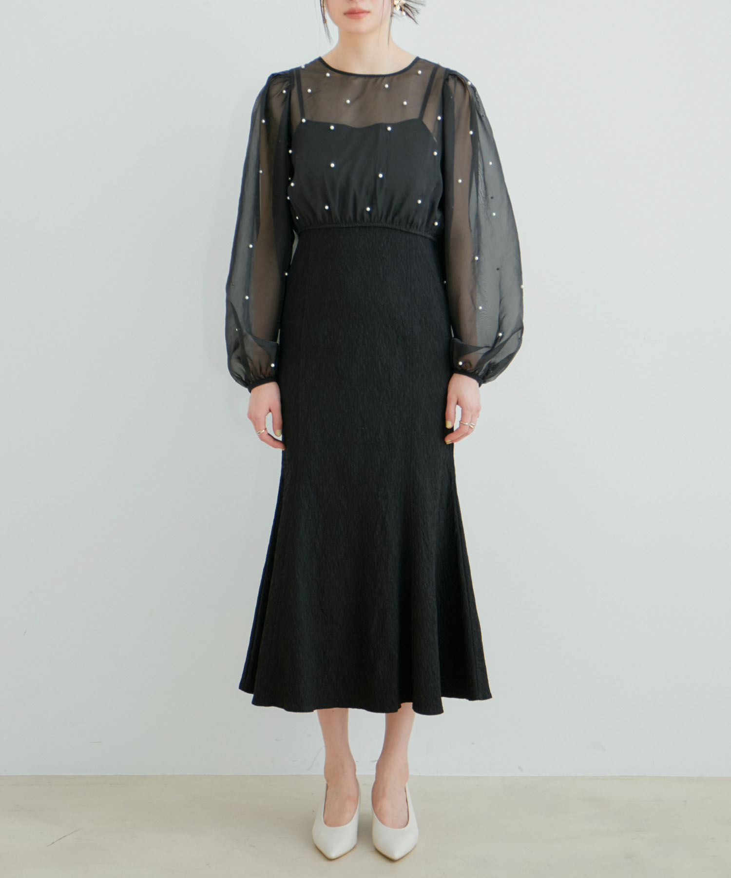 VIS「【新色追加】【VIS DRESS】チュールパールブラウス＆ジャガードワンピースセット」|ドレス|