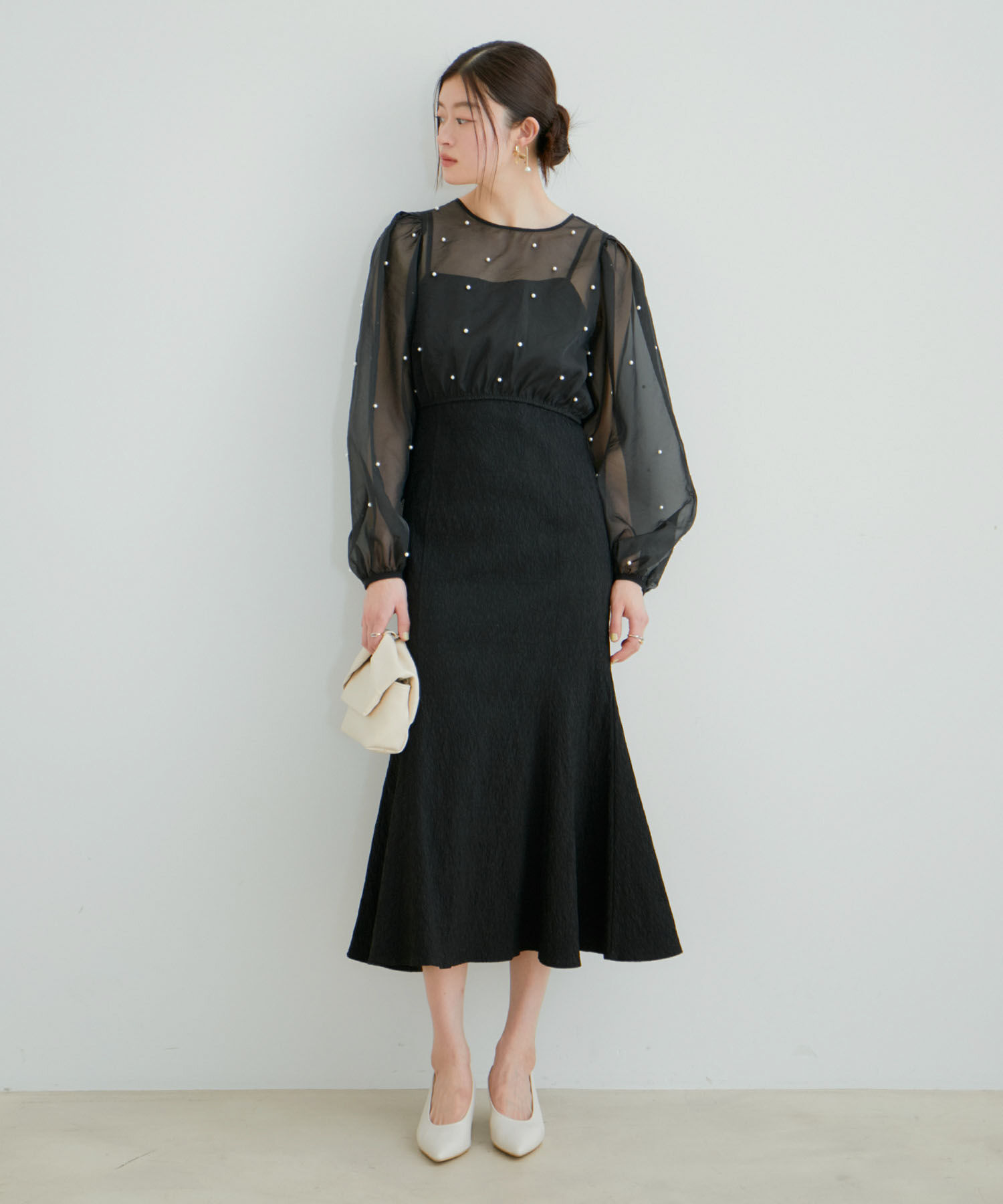 VIS「【新色追加】【VIS DRESS】チュールパールブラウス＆ジャガードワンピースセット」|ドレス|