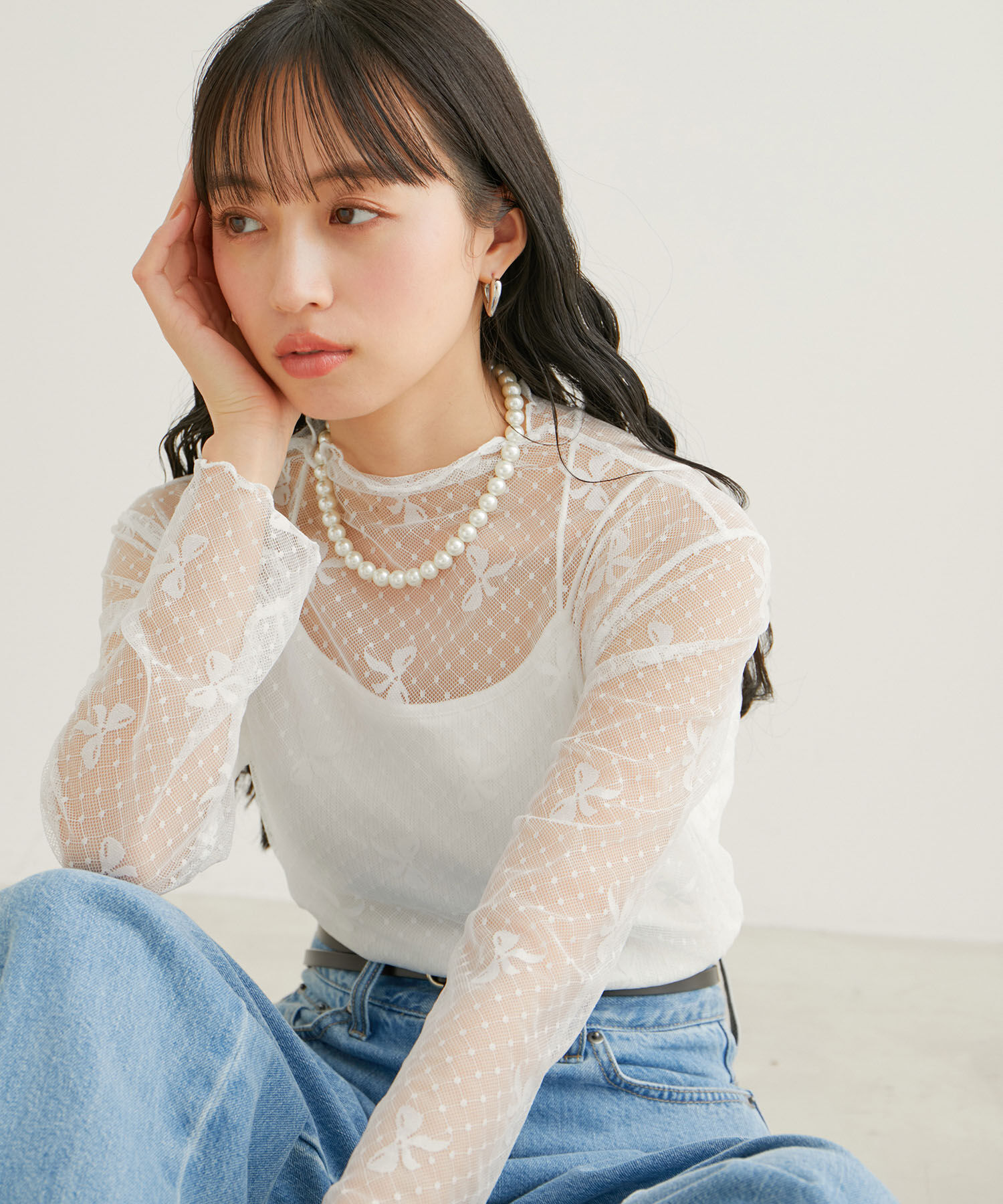 VIS「【WEB/一部店舗限定】リボンモチーフチュールプルオーバー」|Tシャツ・カットソー|