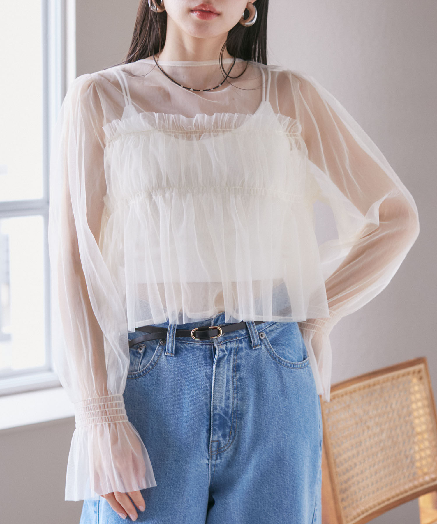 VIS「【前後2WAY】袖シャーリングチュールリボンブラウス」|シャツ・ブラウス|