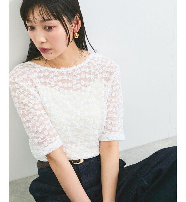 VIS「【前後2WAY】レース五分袖シアーカットプルオーバー」|Tシャツ・カットソー|