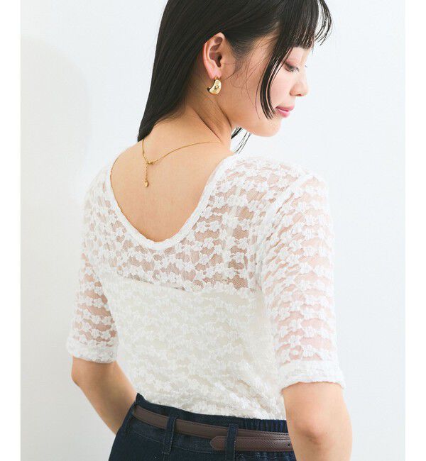 VIS「【前後2WAY】レース五分袖シアーカットプルオーバー」|Tシャツ・カットソー|