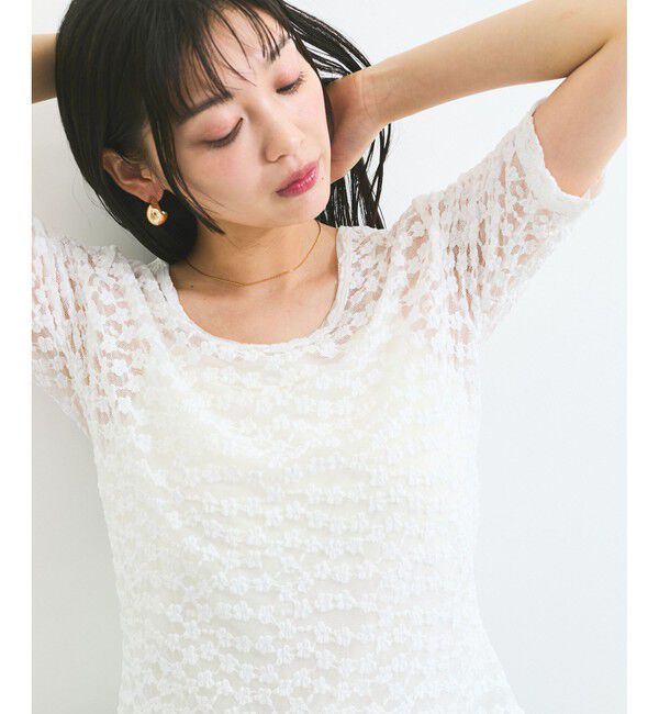 VIS「【前後2WAY】レース五分袖シアーカットプルオーバー」|Tシャツ・カットソー|