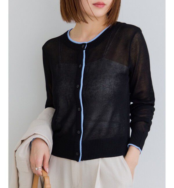 VIS「【WEB限定】麻タッチシアー配色カーディガン」|カーディガン|ブラック(01)