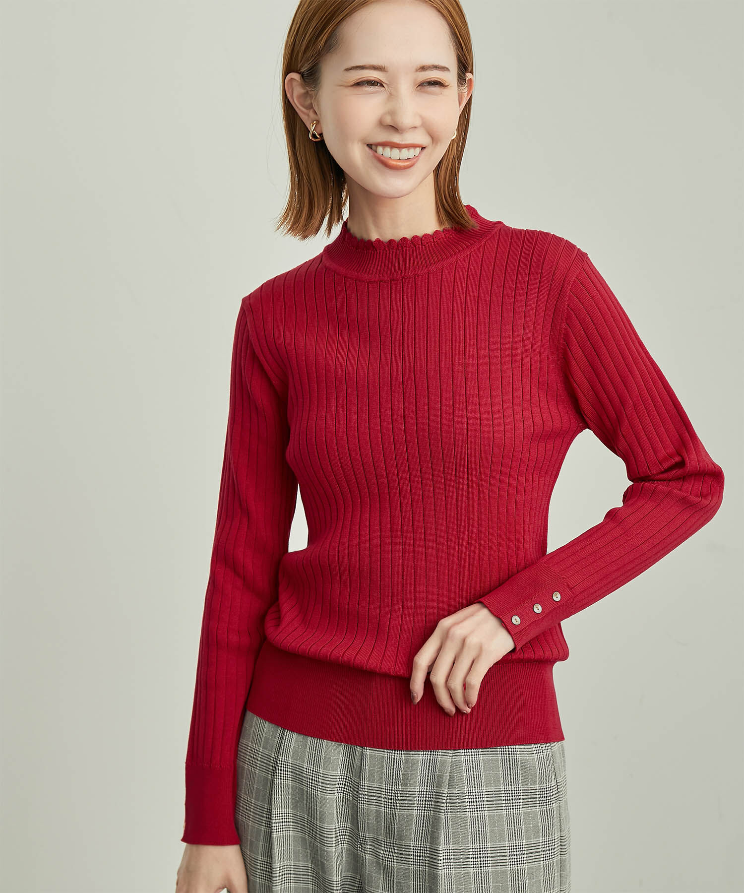 Rope&rsquo;Picnic「BIOGRACE(R)スカラップネックリブニットプルオーバー」|ニット・セーター|レッド(60)