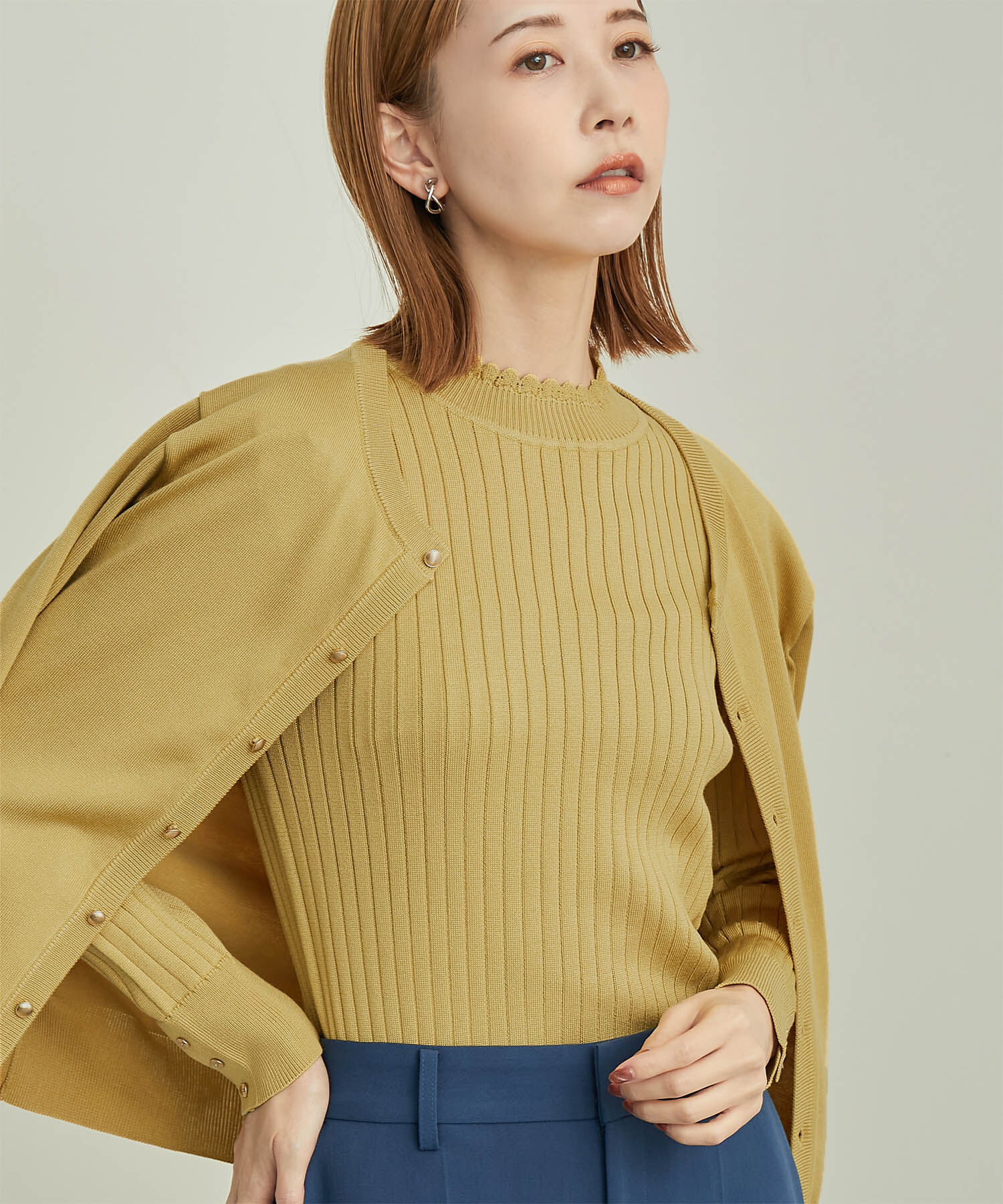 Rope&rsquo;Picnic「BIOGRACE(R)スカラップネックリブニットプルオーバー」|ニット・セーター|カラシ(86)