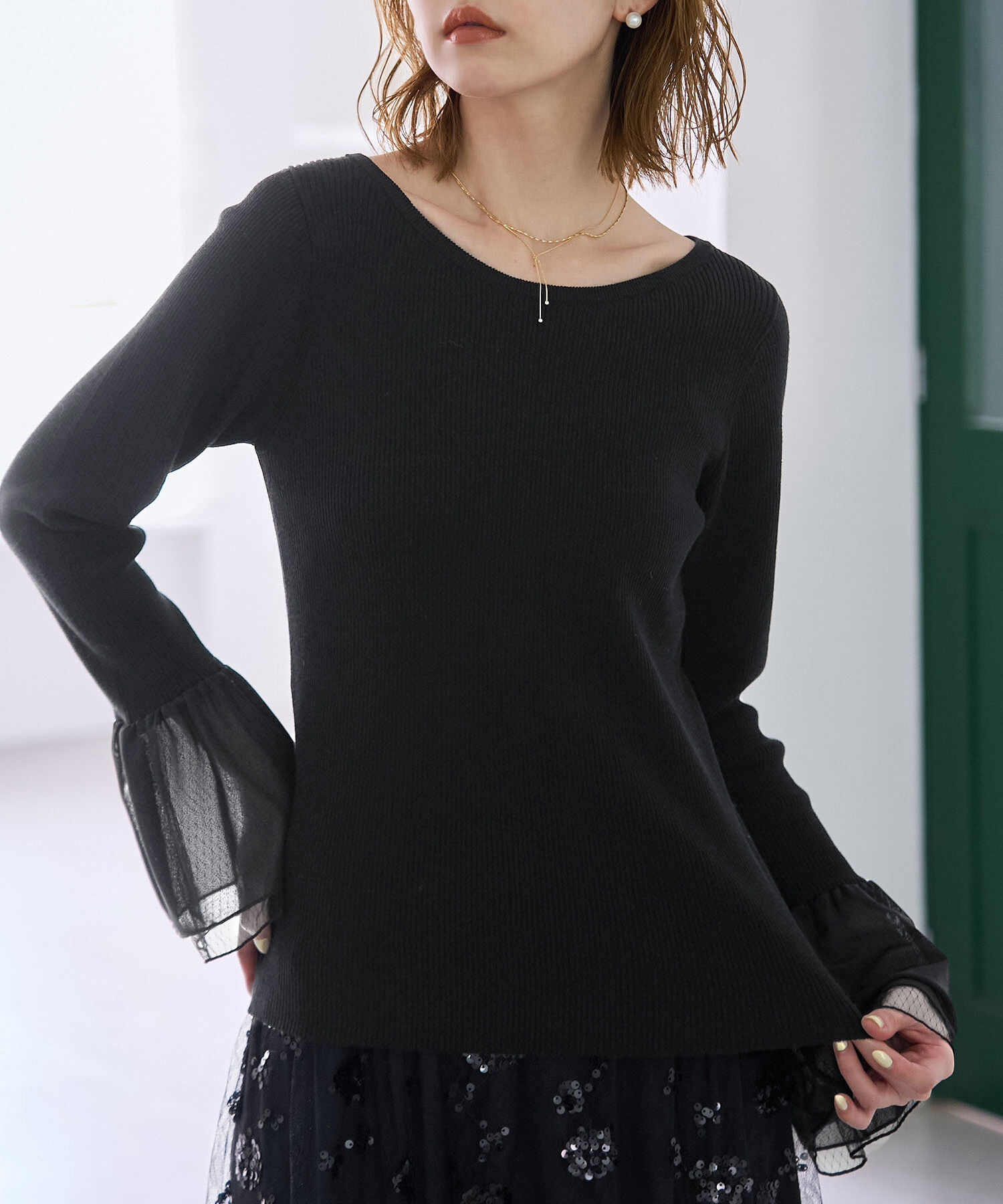 Rope&rsquo;Picnic「袖ラメシアー＆袖チュールプルオーバー」|ニット・セーター|