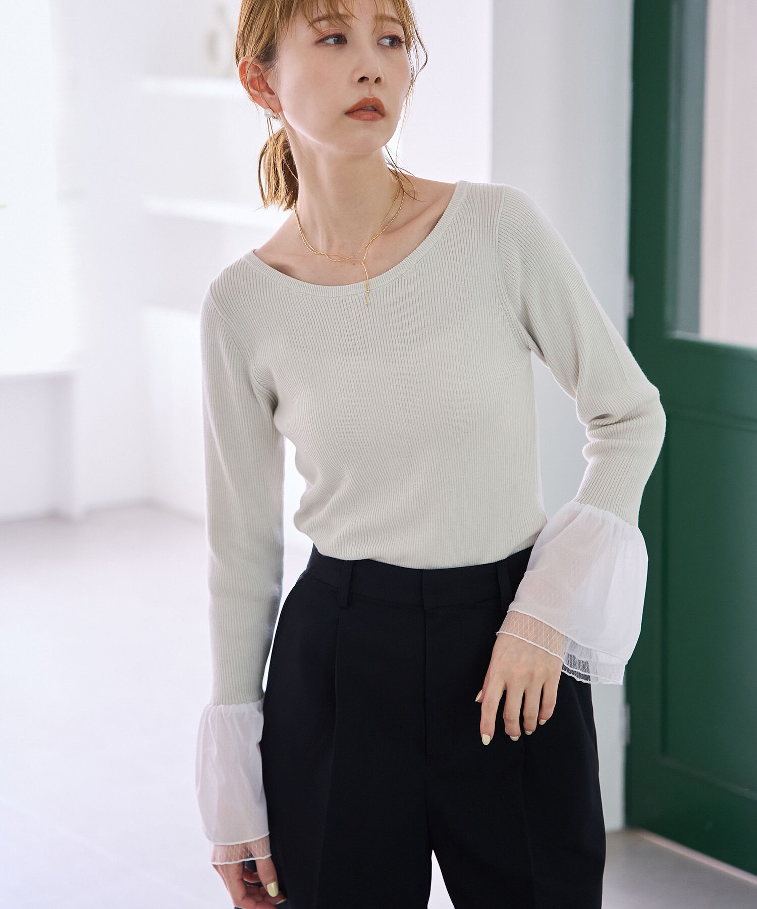 Rope&rsquo;Picnic「袖ラメシアー＆袖チュールプルオーバー」|ニット・セーター|ライトグレー(08)