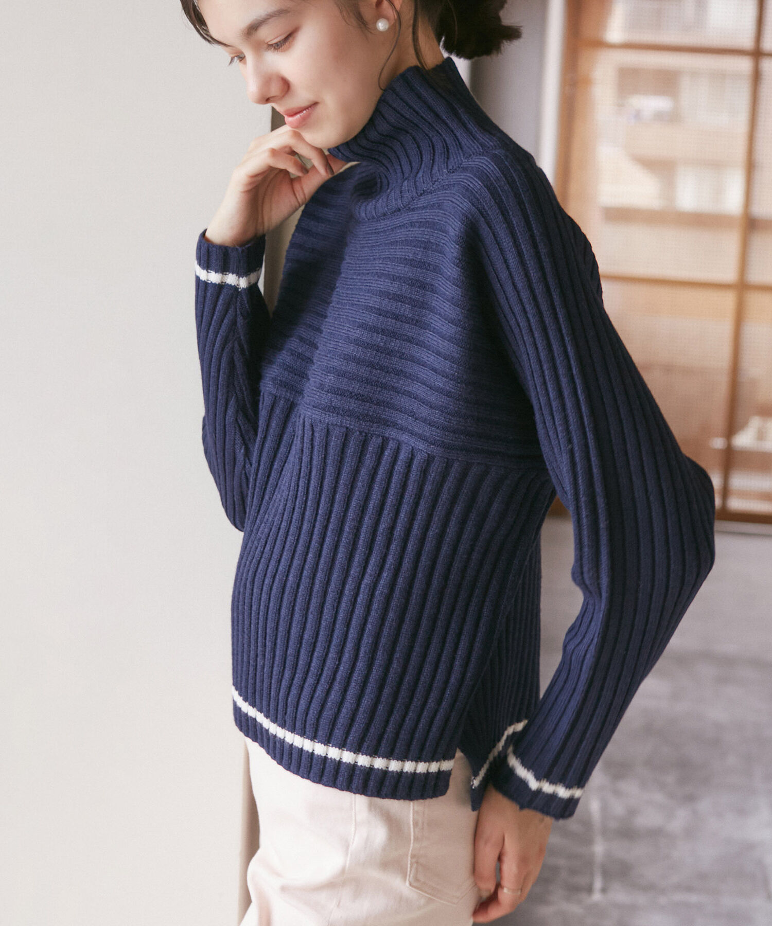 Rope&rsquo;Picnic「【WEB限定カラーあり】アソートリブ切り替えニットプルオーバー/リンクコーデ・新色追加」|ニット・セーター|ネイビー系(41)