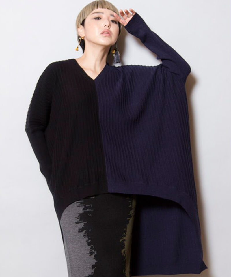  「ラウンドヘムリブニットプルオーバー」|ニット・セーター|NAVY&times;BLACK