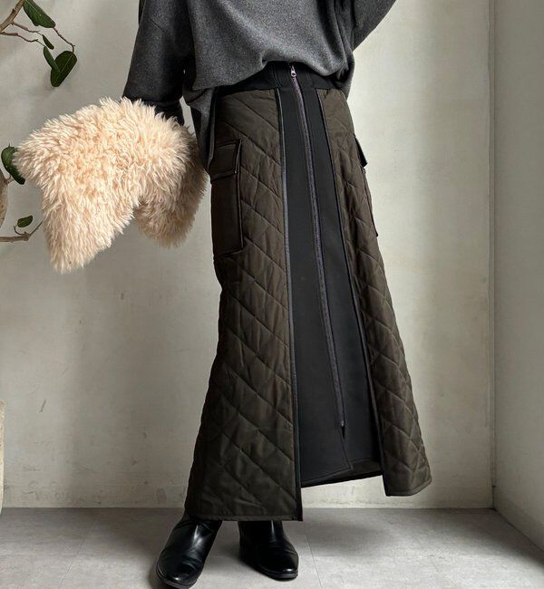  「【WEB限定】キルト切替スカート」|スカート|カーキ