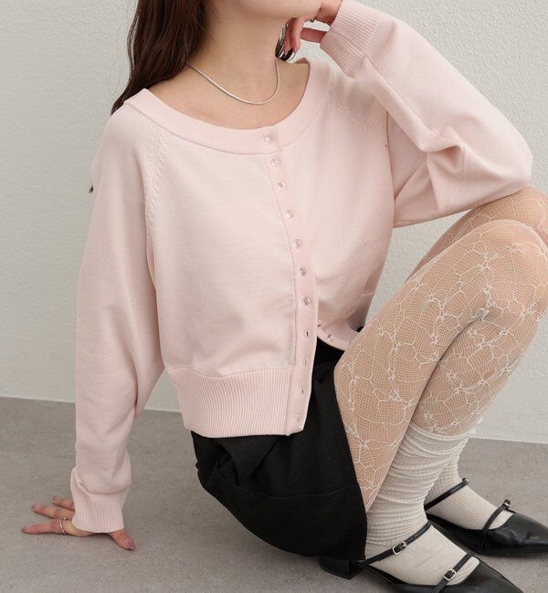  「ワイドネッククリアボタンカーディガン」|カーディガン|ピンク