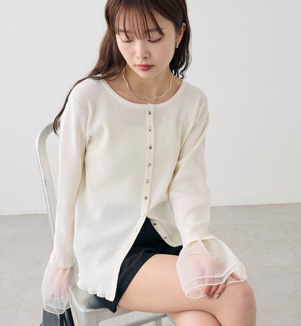  「袖チュール付きリブカーディガン」|カーディガン|