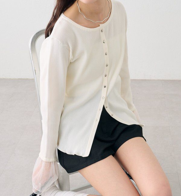  「袖チュール付きリブカーディガン」|カーディガン|