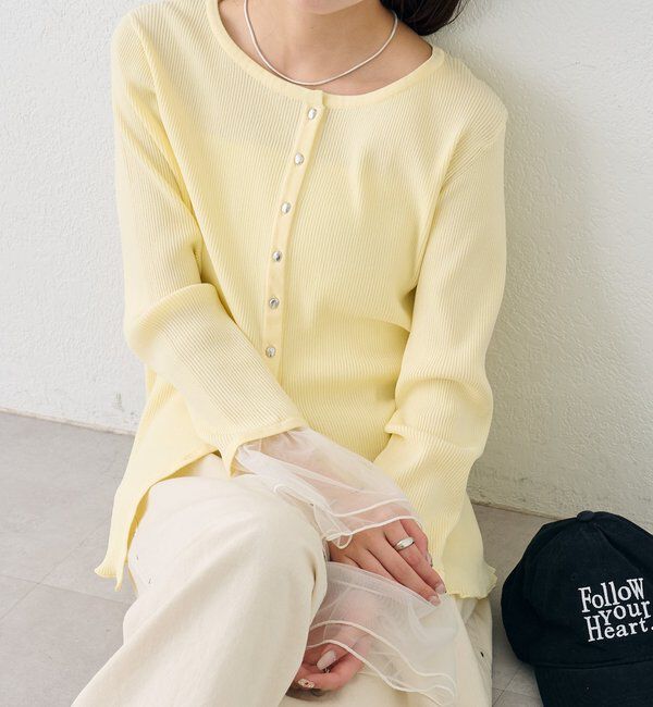  「袖チュール付きリブカーディガン」|カーディガン|イエロー