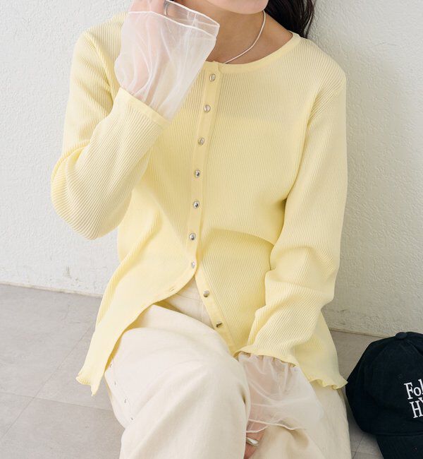  「袖チュール付きリブカーディガン」|カーディガン|