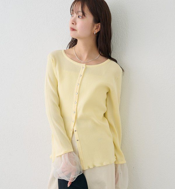  「袖チュール付きリブカーディガン」|カーディガン|