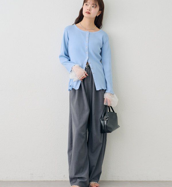  「袖チュール付きリブカーディガン」|カーディガン|