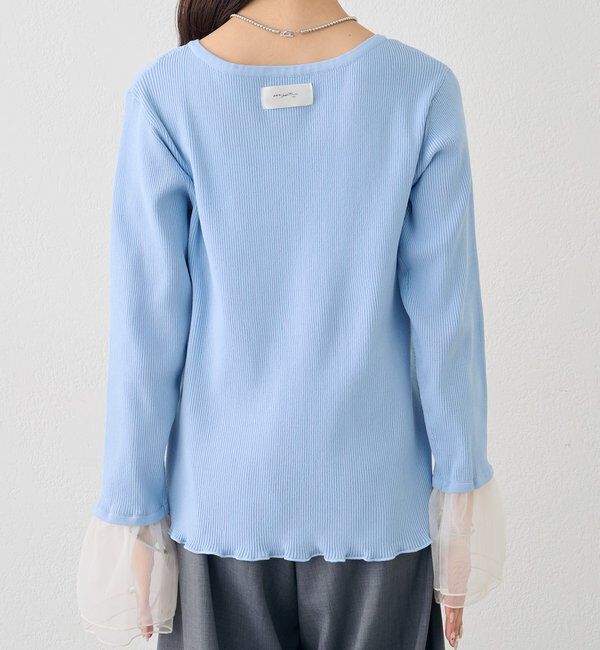  「袖チュール付きリブカーディガン」|カーディガン|