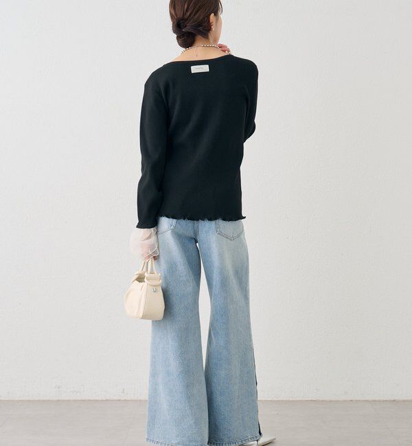  「袖チュール付きリブカーディガン」|カーディガン|