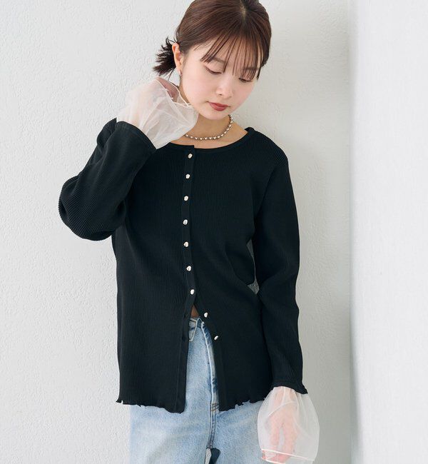  「袖チュール付きリブカーディガン」|カーディガン|