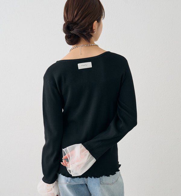  「袖チュール付きリブカーディガン」|カーディガン|