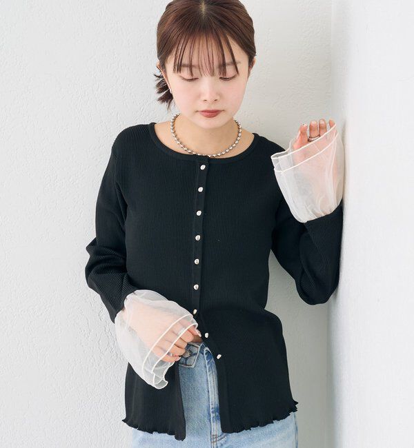  「袖チュール付きリブカーディガン」|カーディガン|