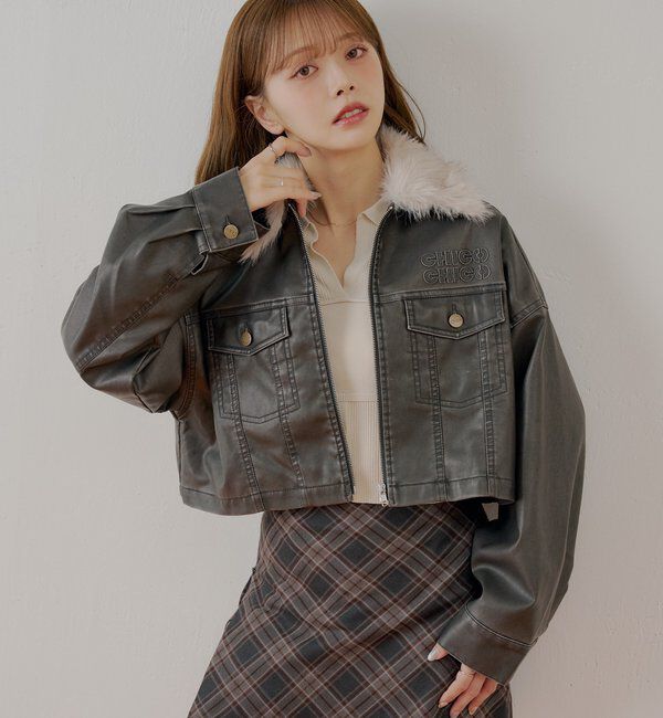  「【WEB限定】ファー取り外し胸ロゴショート丈ブルゾン」|ブルゾン・スタジャン|ブラウン