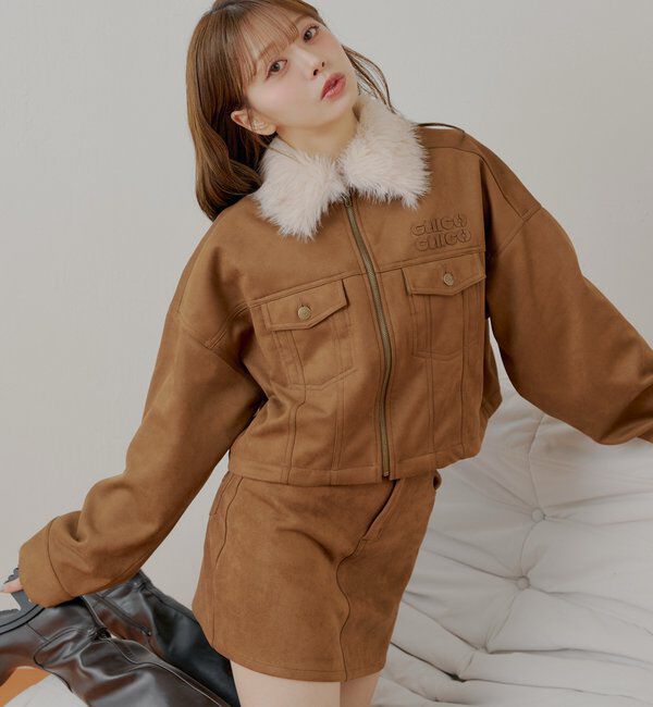  「【WEB限定】ファー取り外し胸ロゴショート丈ブルゾン」|ブルゾン・スタジャン|キャメル