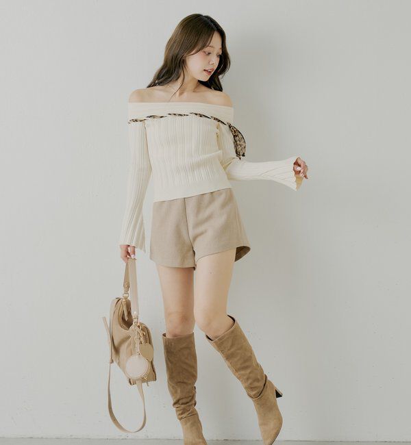  「レオパード肩リボンオフショルリブニット」|ニット・セーター|