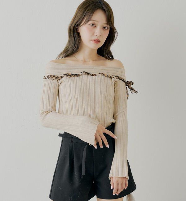  「レオパード肩リボンオフショルリブニット」|ニット・セーター|