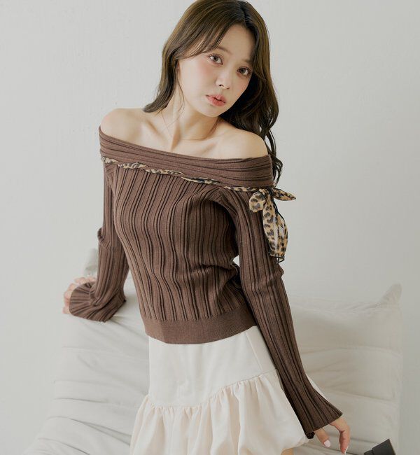 「レオパード肩リボンオフショルリブニット」|ニット・セーター|