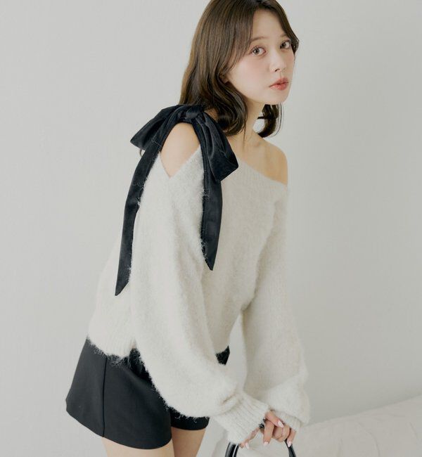  「【REVIVAL/WEB限定】ベロアリボンワンショルルーズニット」|ニット・セーター|ホワイトその他3