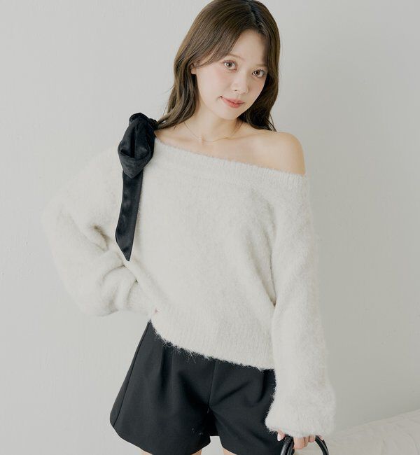  「【REVIVAL/WEB限定】ベロアリボンワンショルルーズニット」|ニット・セーター|