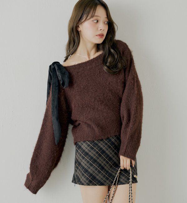  「【REVIVAL/WEB限定】ベロアリボンワンショルルーズニット」|ニット・セーター|