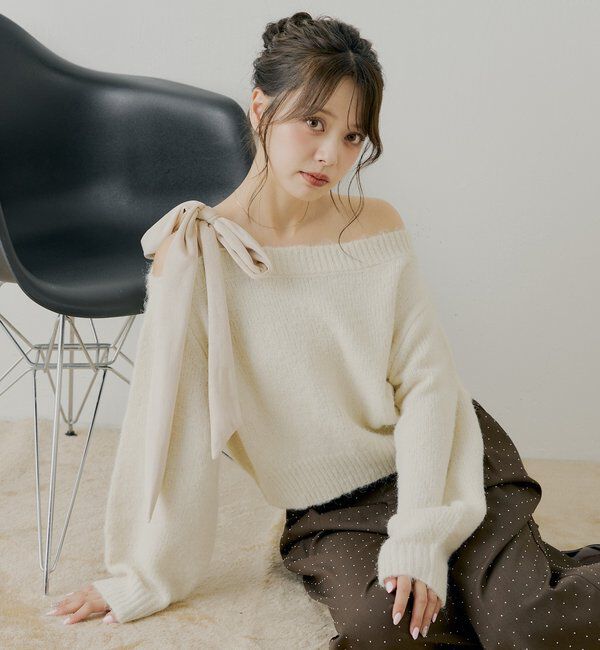  「【REVIVAL/WEB限定】ベロアリボンワンショルルーズニット」|ニット・セーター|