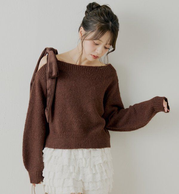  「【REVIVAL/WEB限定】ベロアリボンワンショルルーズニット」|ニット・セーター|