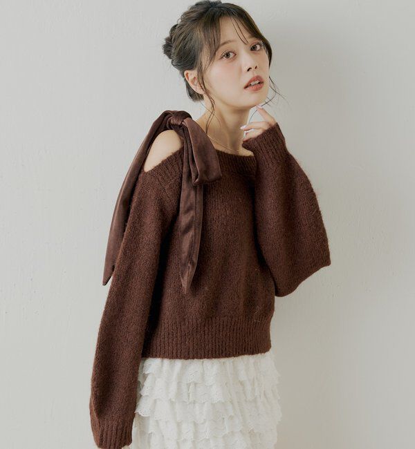  「【REVIVAL/WEB限定】ベロアリボンワンショルルーズニット」|ニット・セーター|