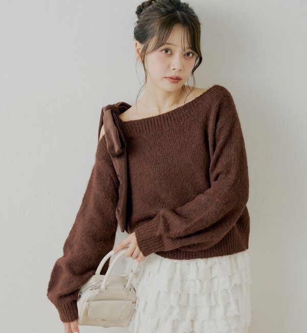  「【REVIVAL/WEB限定】ベロアリボンワンショルルーズニット」|ニット・セーター|
