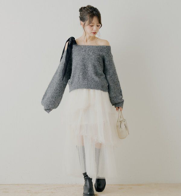  「【REVIVAL/WEB限定】ベロアリボンワンショルルーズニット」|ニット・セーター|