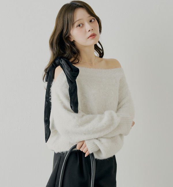  「【REVIVAL/WEB限定】ベロアリボンワンショルルーズニット」|ニット・セーター|