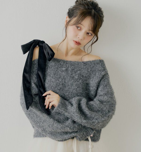  「【REVIVAL/WEB限定】ベロアリボンワンショルルーズニット」|ニット・セーター|グレーその他3