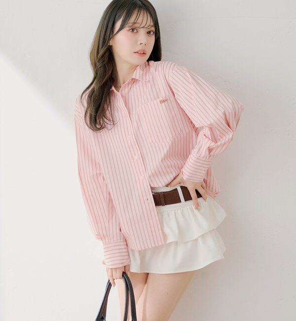  「ブローチ付きストライプルーズシャツ」|シャツ・ブラウス|ピンク