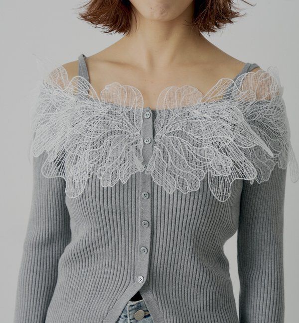  「【SALON by Chico】フラワーレースオフショルリブデザインニット」|カーディガン|