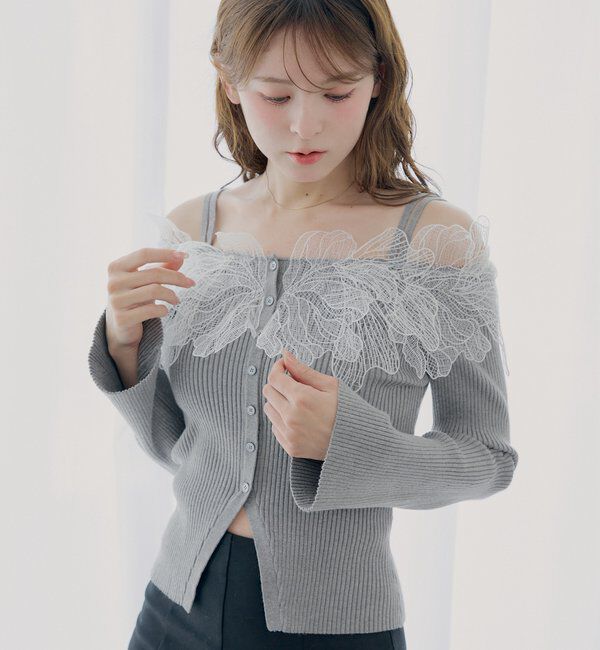  「【SALON by Chico】フラワーレースオフショルリブデザインニット」|カーディガン|
