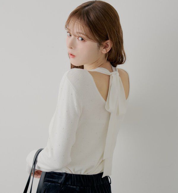  「【SALON by Chico】ラインストーンバック開きリボンニット」|ニット・セーター|