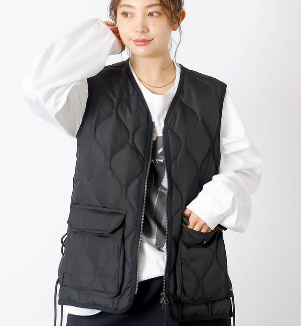 Rouge vif「【TAION / タイオン】ミリタリー VネックWジップレースアップ ダウンベス」|ダウン|ブラック