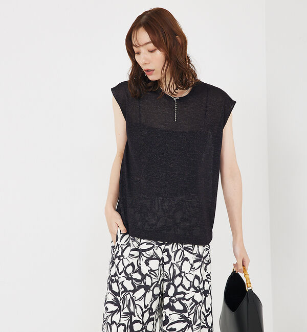 qualite「【大人の上品なシアー】ラメクルーネックニット」|キャミソール|ブラック